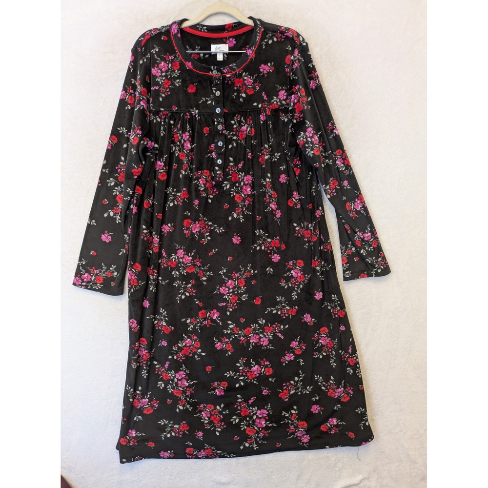 Aria‎ Collection Nightgown Women's L Black Pink Floral Henley Velour